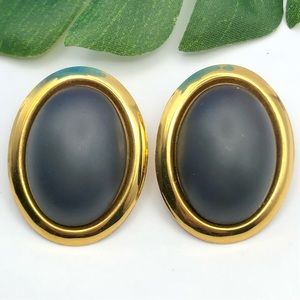 Vintage Matte Black Cabochon Dome Cameo Style Oval Earrings Chic Runway Glam